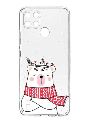 Прозрачный чехол на realme c21y медведь в шарфе (принт 147)