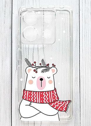 Прозрачный чехол на xiaomi redmi 15c медведь в шарфе (принт 147)