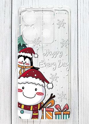 Прозрачный чехол на xiaomi redmi 15c снеговик и пингвин (принт 156)