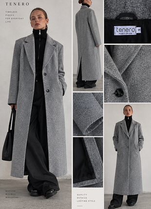Длинное женское серое пальто tenero с широкими плечами oversize прямое свободное украинский бренд пальто