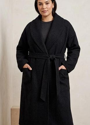 Черное шерстяное пальто халат h&amp;m оригинал швеция / длинное пальто на запах оверсайз 46-48 m-l