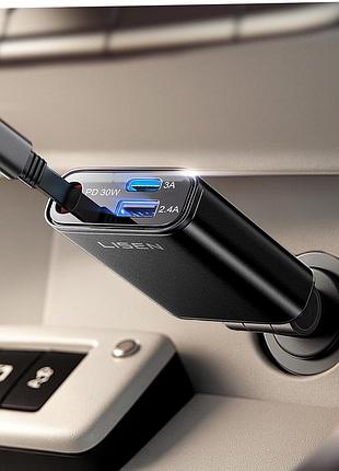 Автомобільний зарядний пристрій lisen usb-c із функцією швидкого заряджання та висувним кабелем