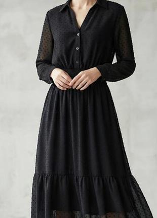 Шифонова чорна сукня-сорочка міді в горошок (плюметі) zara / стильна легка сукня з воланом, розмір m