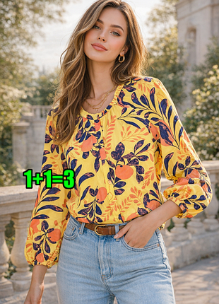 🤩1+1=3** шикарная насыщенная желтая свободная блузка в принт tu, размер 48 - 50