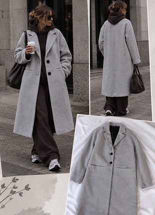 Светло-серое женское пальто миди stradivarius шерсть 28% меланж прямое oversize спущенное плечо / s