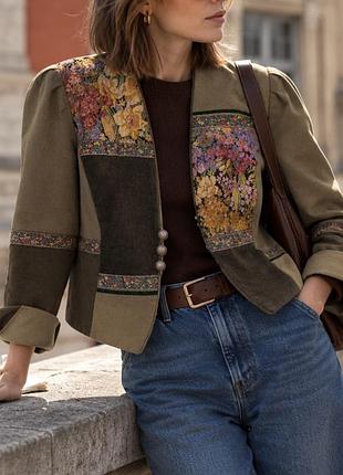 Винтажный женский короткий жакет meico landhaus-look 70% шерсти гобелен вельвет patchwork