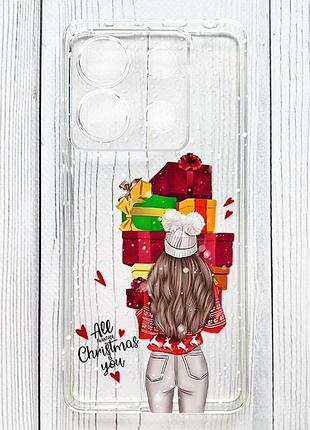 Прозрачный чехол на xiaomi redmi 15c девушка с подарками (принт 144)