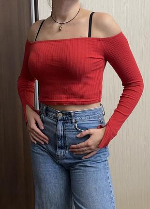 Яскравий кроп-топ h&m з відкритими плечима / червона кофтинка в рубчик ❤️