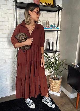 Довга жіноча сукня zara full-bodied shirt dress коричнева з ліоцелу