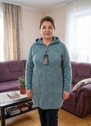 Жіночий кардиган альпака з капюшоном та кишенями, бірюзовий