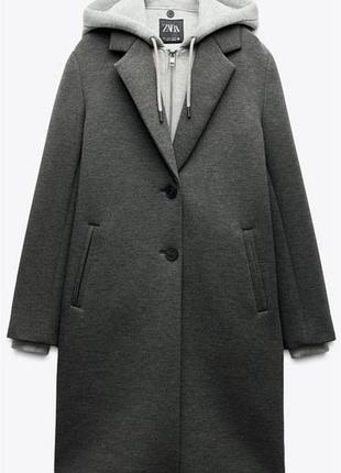 Пальто жіноче zara комбіноване з капюшоном, сіре