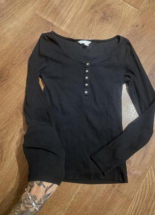 Лонгслів  кофтинка трикотажний  тонкий в рубчик з ґудзиками чорний h&m s