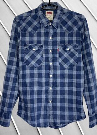 Чоловіча синя сорочка в клітинку levi's s 36 38 46 48 левіс левайс бавовняна сорочка з довгим рукавом на кльопках levi's s 46 48