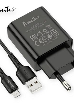 Зарядка от cети 220в на usb 2.4a черная , кабель usb - micro usb