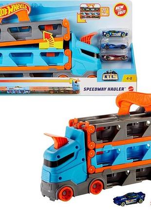 Hot wheels гоночний транспорт 2в1 з 3 машинками 1:64 трасою 1,8 м та місцем на 20 авто для дітей 4-8 років hgh33