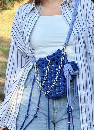 Сумка жіноча handmade в'язана для телефону та гаманець синя