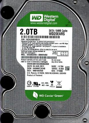 Жесткий диск 2 тб wd caviar green wd20ears 2tb western digital hdd sata 64mb кэш 5400rpm винт для пк сервера видеонаблюдения nas
