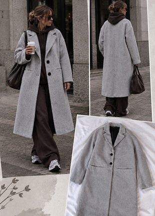 Светло-серое женское пальто миди stradivarius шерсть 28% меланж прямое oversize спущенное плечо / s