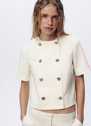 Двобортний білий блейзер піджак із короткими рукавами zara розмір xs