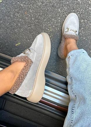 Накладной платеж ❤ утепленные байкой натуральные кожаные лоферы с фурнитурой и опушкой тедди