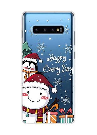 Прозрачный чехол на samsung galaxy s10 plus снеговик и пингвин (принт 156)