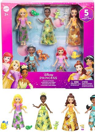 Mattel disney princess принцеси та друзі набір з 5 маленьких ляльок знімними спідницями або штанами та 5 фігурок друзів jbl33