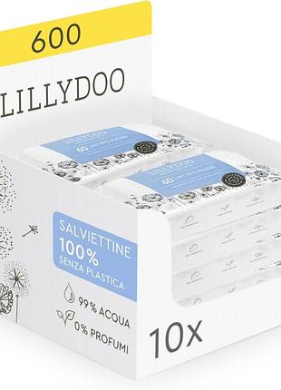 Lillydoo вологі серветки 99% води 10 упаковок по 60 шт (600 серветок) без пластику без ароматизаторів ніжні як вода і бавовна