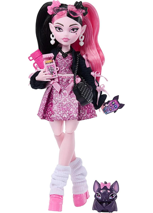 Monster high draculaura лялька базова в одязі + аксесуари рожева сукня з бантиками та чорний светр іграшка для дітей 4+