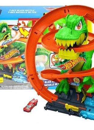 Hot wheels city набір траси крутий трек притулок т-рекса + машинка набір +4