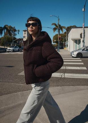 Zara cable knit hooded anorak burgundy puffer jacket  zara утеплена куртка бомбер анорак з капюшоном бордова коричнева