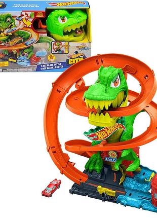 Hot wheels city закручена дорога пожежна станція t-rexa набір для гри (близько 36 см) автодорога динозавр з рухомими очима