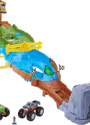 Hot wheels monster trucks траса турнір титанів набір з автомобілями bigfoot і gunkster для змагань іграшка від 4 років hjg32