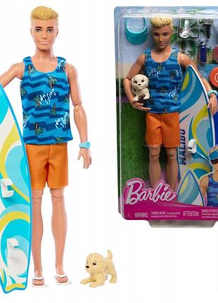 Barbie кен сёрфер блондин на пляжі + фігурка собачки і аксесуари hpt50
