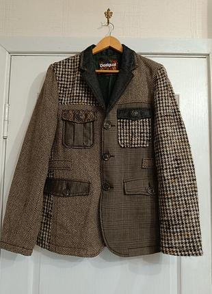 Шерстяной пиджак / жакет desigual в стиле говяжворк (пье-де-пуль, елочка, твид)