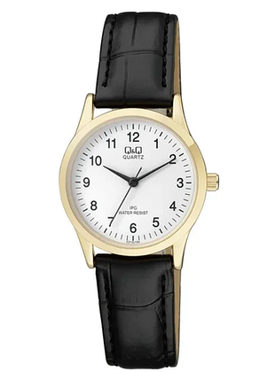 Женские часы q&q c213j104y золотистый корпус чёрный ремешок водозащита 30 м белый циферблат арабские цифры
