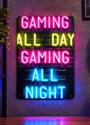 Металлическая винтажная табличка "gaming all day gaming all night / геймерская / неон / игры / игровая зона" 14х20 см