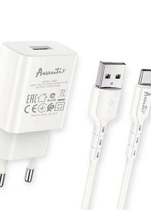 Зарядка от cети 220в на usb 2.4a белая , кабель usb - type c 314439
