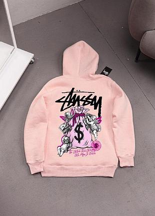 Мужское зимнее худи stussy с капюшоном бежевое толстовка стуси с принтом на флисе m (b)