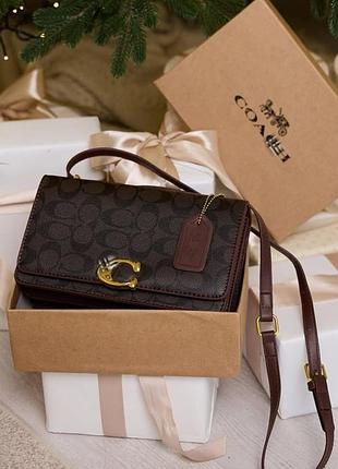 Жіноча сумка coach, сумка коач, брендова сумка, сумка на плече, сумка через плече, крос боді шоколадний