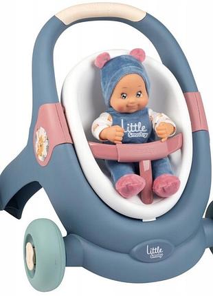 Візок для ляльок bobas ходунець 3в1 підштовхувач з лялькою синій little smoby