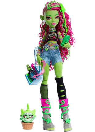 Monster high venus mcflytrap лялька + котик чевліан та аксесуари: рюкзак блокнот і «закуски» hrp81