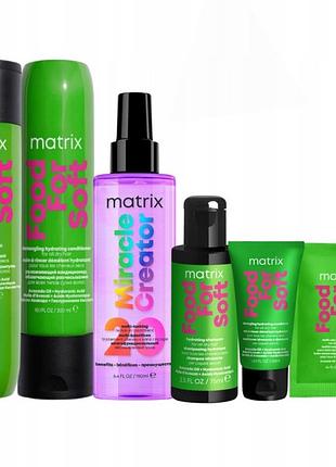 Набір для догляду за волоссям matrix food for soft шампунь кондиціонер спрей miracle creator + 3 подарунки