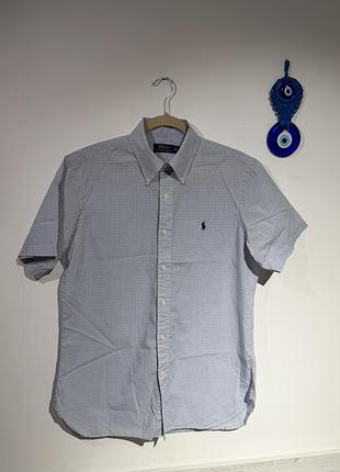 Чоловіча сорочка polo ralph lauren блакитна в клітинку бавовняна з коротким рукавом прямого крою розмір s/m