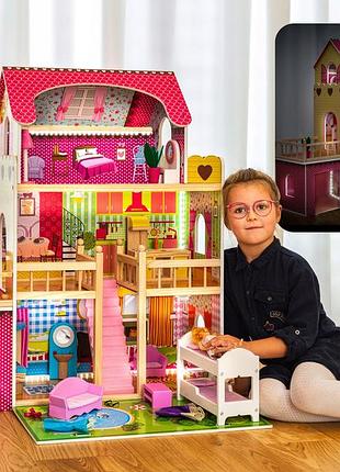 Великий будинок для лушпиння дерев'яний kinderplay з led освітленням вілла xxl з меблями гараж 90cm