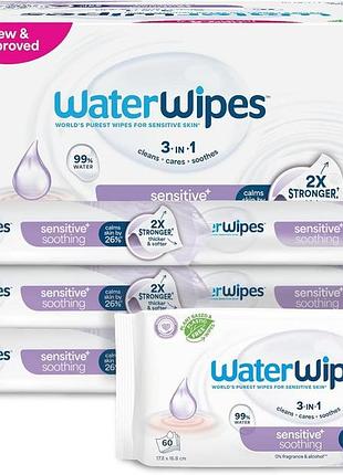 Waterwipes sensitive+ заспокійливі вологі серветки 360 шт (упаковка 6) 3 в 1: ніжне очищення догляд заспокоєння 99% вода з