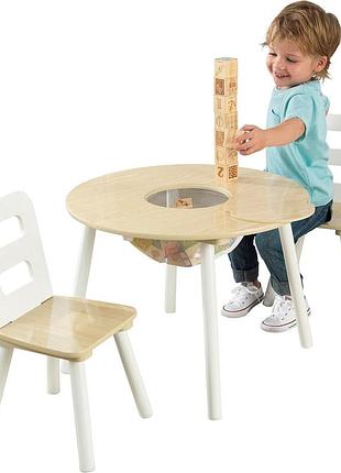Kidkraft 27027 дерев'яний круглий стіл для зберігання з 2 стільцями сховище в центрі столу – натуральний і білий