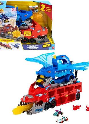 Hot wheels city набір іграшкових автомобілів 2 в 1 та 2 автомобілі die-cast великий дракон і знімний дракон місце для понад 20