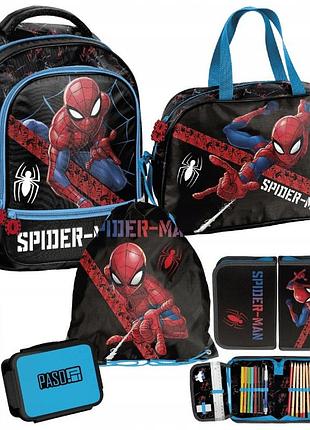 Набір шкільний paso spider-man рюкзак мішок пенал сумка пляшка чорний
