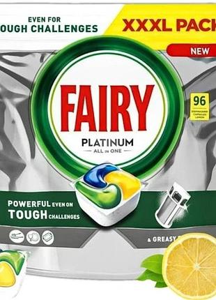 Капсули fairy platinum all in one для посудомийної машини з ароматом лимону 96 штук гіга-пакет all in one для 96 xxxl пакет