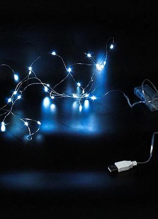 Xmas гирлянд usb + battery bo50 led 5 м (copper) медной проволоке (капля росы) b blue работает от батареек+usb